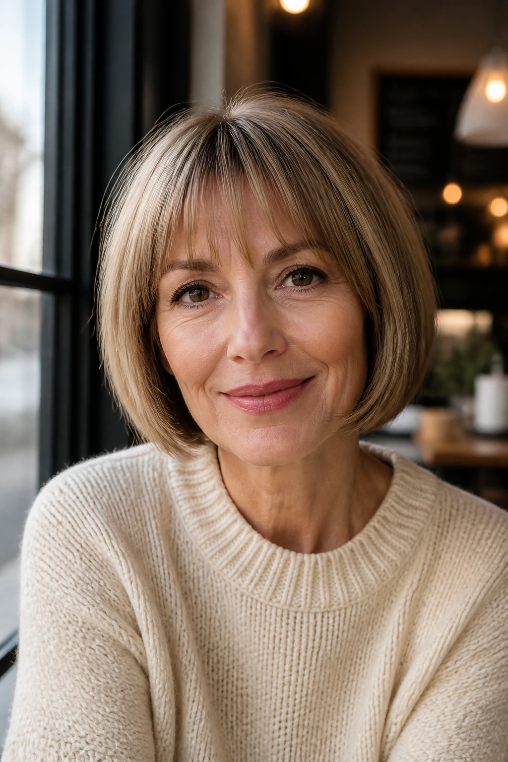 Close-up portrait of a real woman with a jaw-length bob and soft fringe