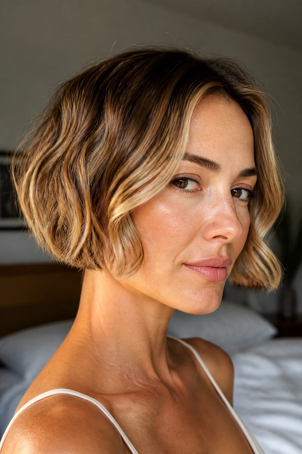 Close-up of a real woman with a jaw-length bob featuring tiny waves and caramel perimeter highlights in warm window light.