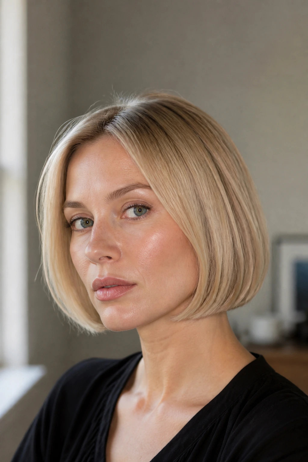 Close-up portrait of a real woman with jaw-length bob underbevel on a heart-shaped face; beige-blond hair.