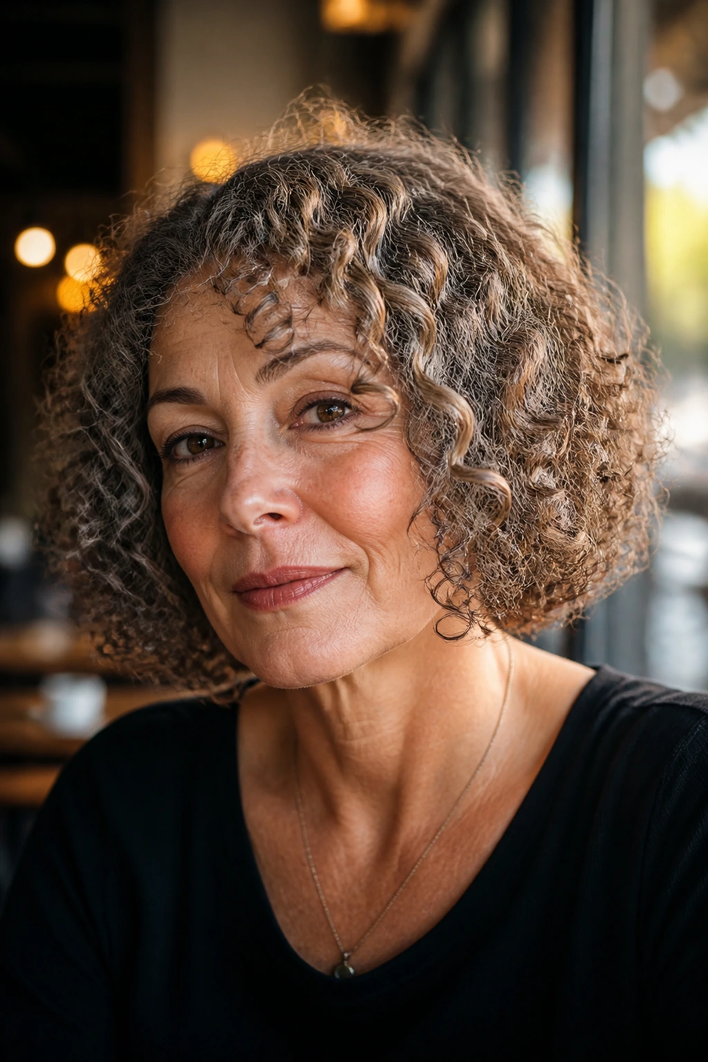 Close-up portrait of a real woman with a jaw-length curly box bob