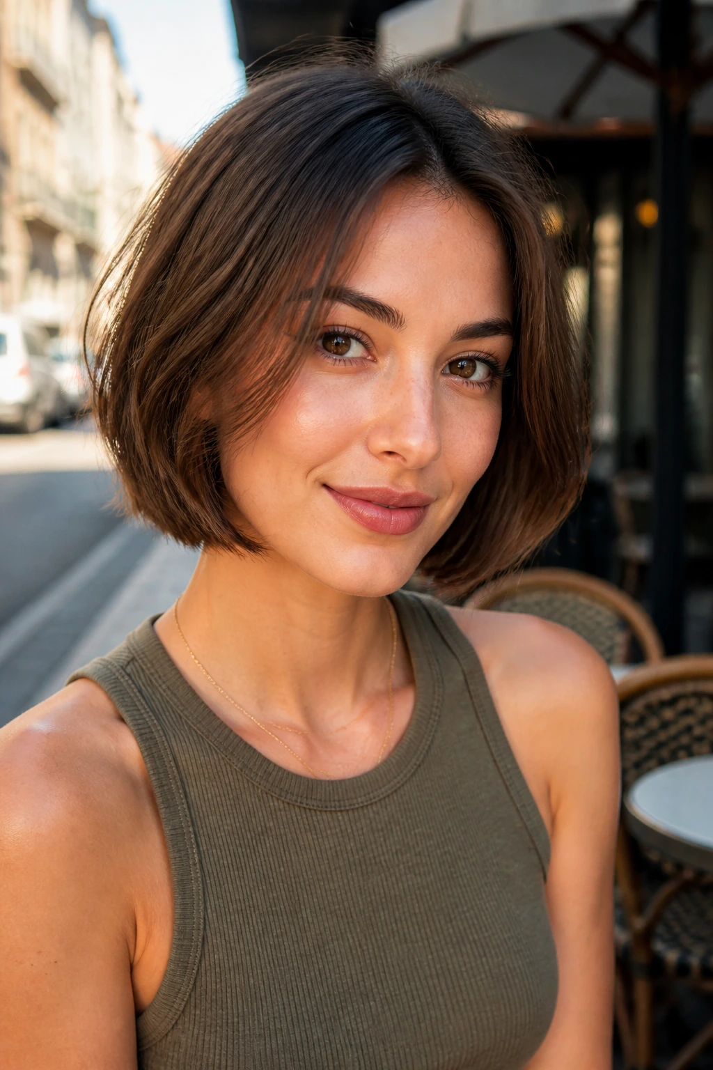 Close-up of real woman with jaw-length C-shaped bob at street-side cafe