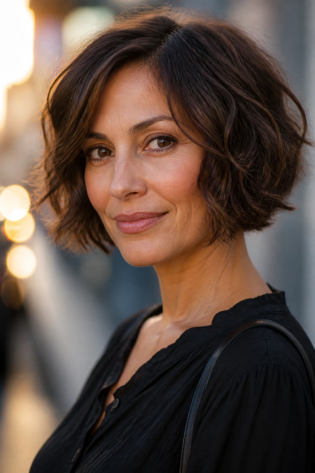 Close-up portrait of a real woman with a jaw-length choppy bob on an urban street at golden hour.