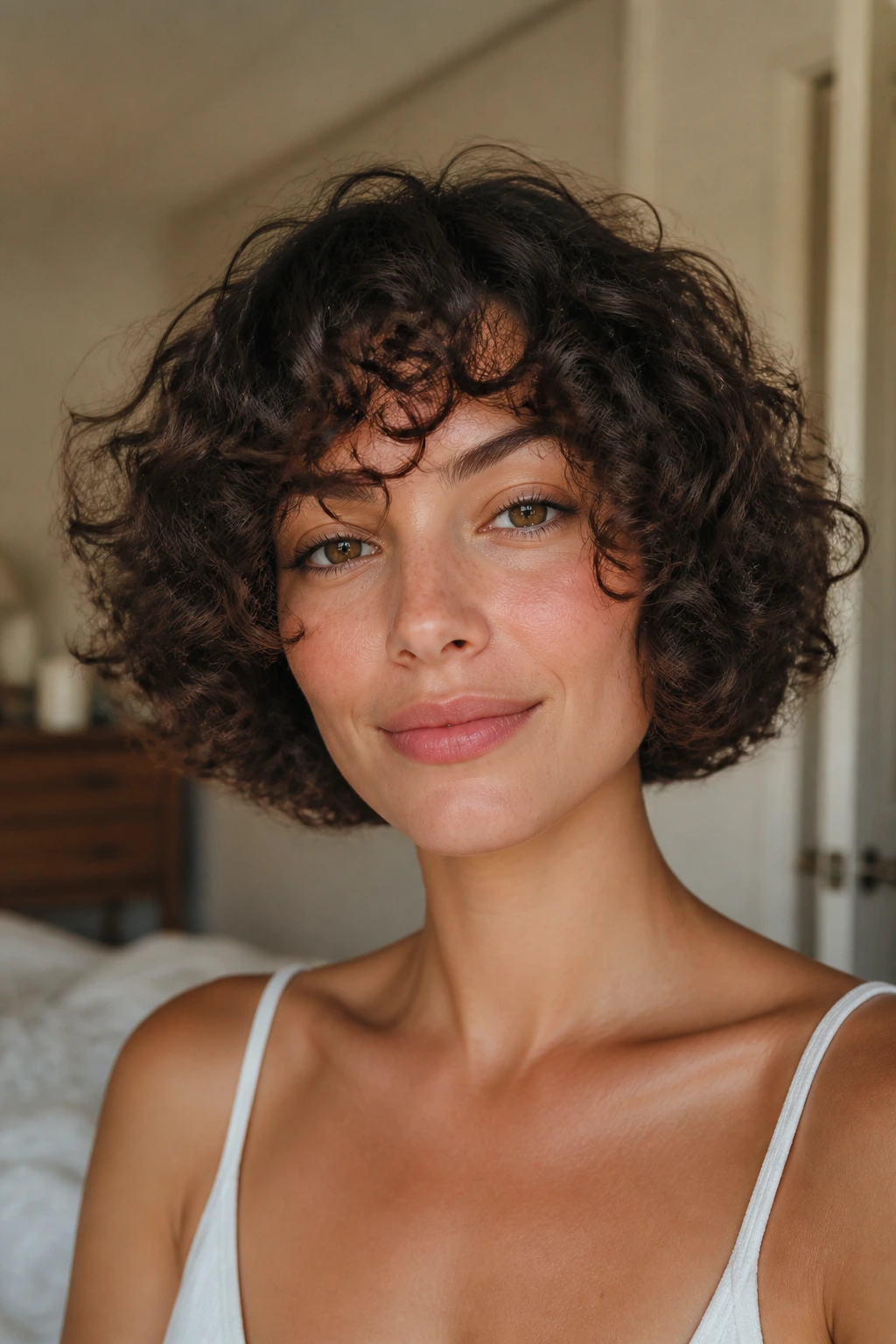 Portrait of a woman with a jaw-length cloud bob under bright window light
