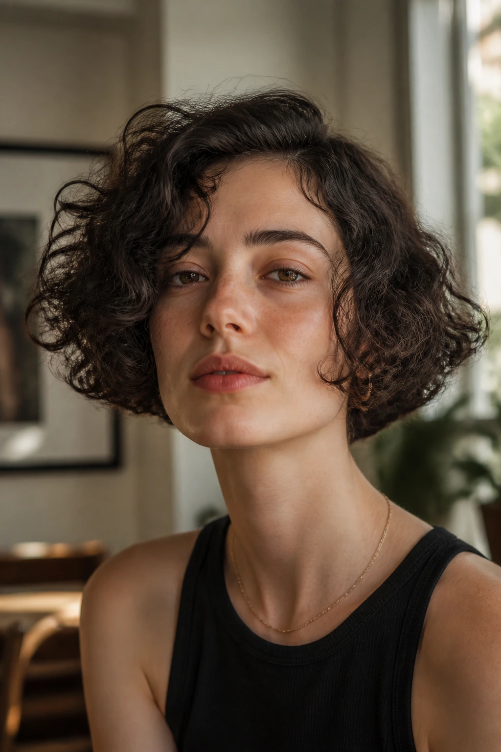 Portrait of a real person with a jaw-length cloud bob hairstyle
