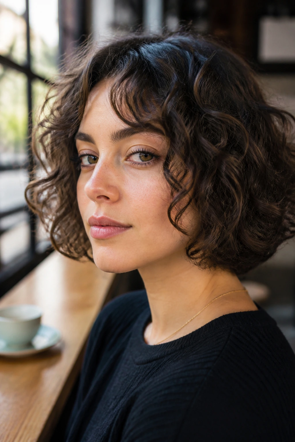 Close-up portrait of a real person with jaw-length crop and face-framing curved bangs in daylight