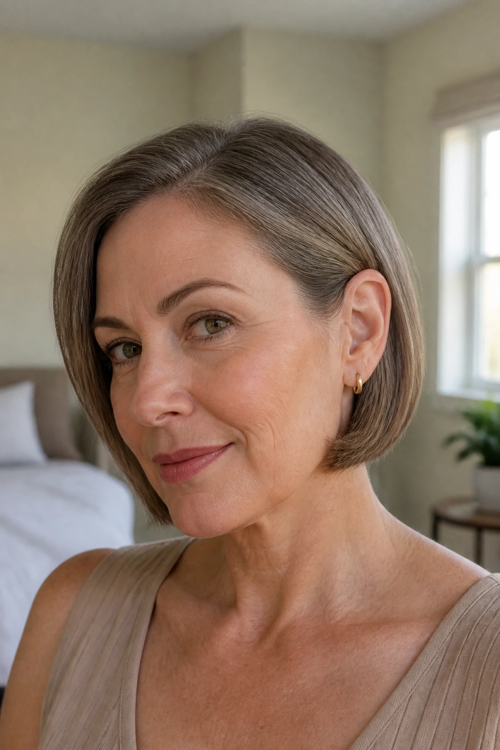 Real woman with jaw-length crop tucked behind ear.