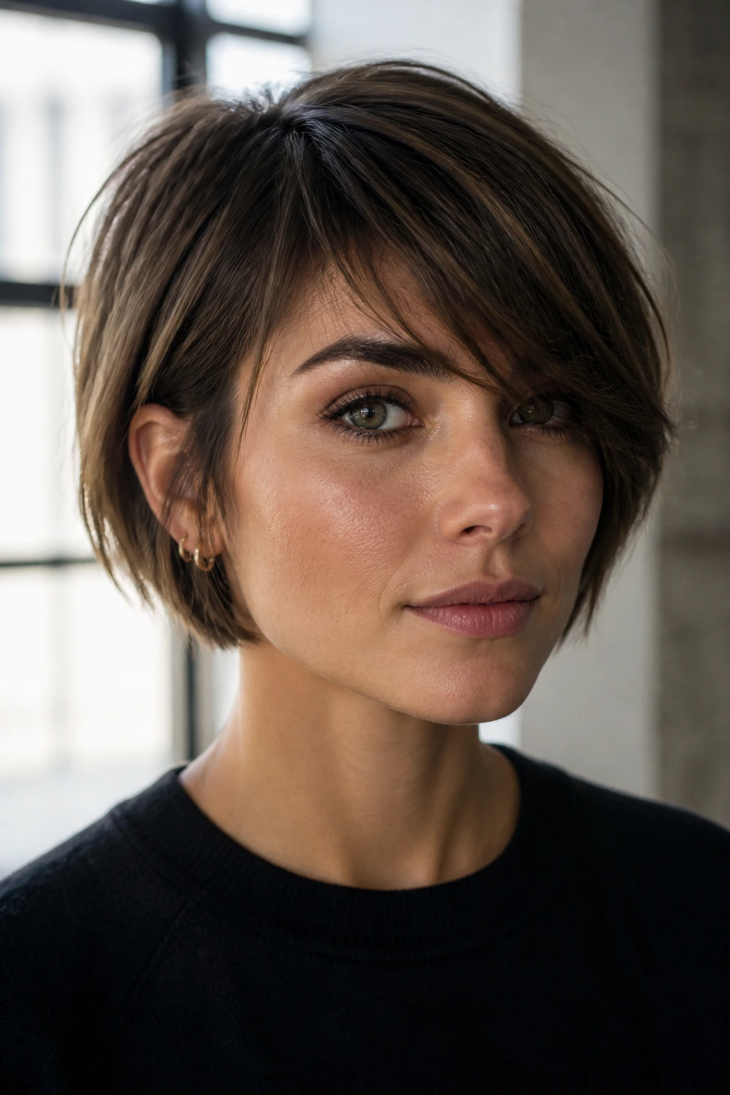 Close-up of a real woman with a jaw-length crop and overdirected bangs
