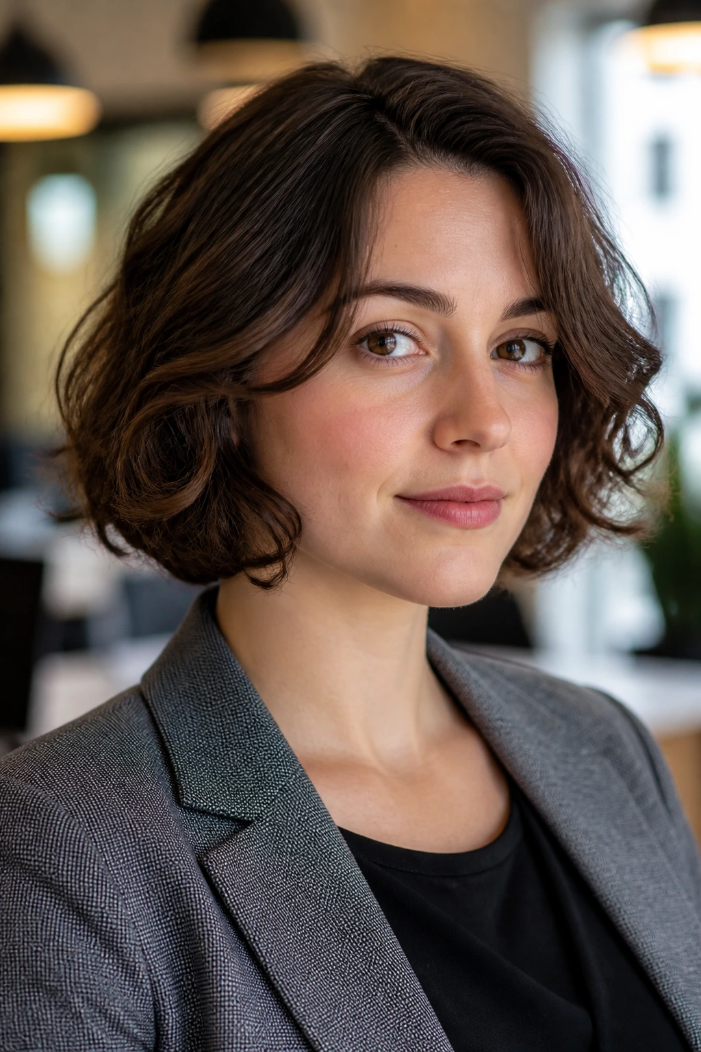 Close-up portrait of a woman with jaw-length curled bob showing front curls away from face