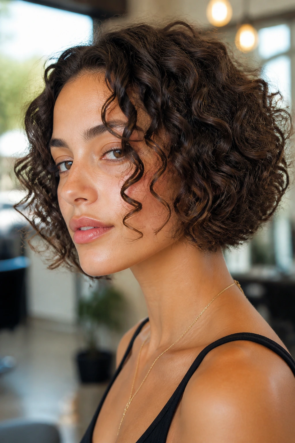 Close-up of a real woman with jaw-length curly bob and spiral face-framing curls.