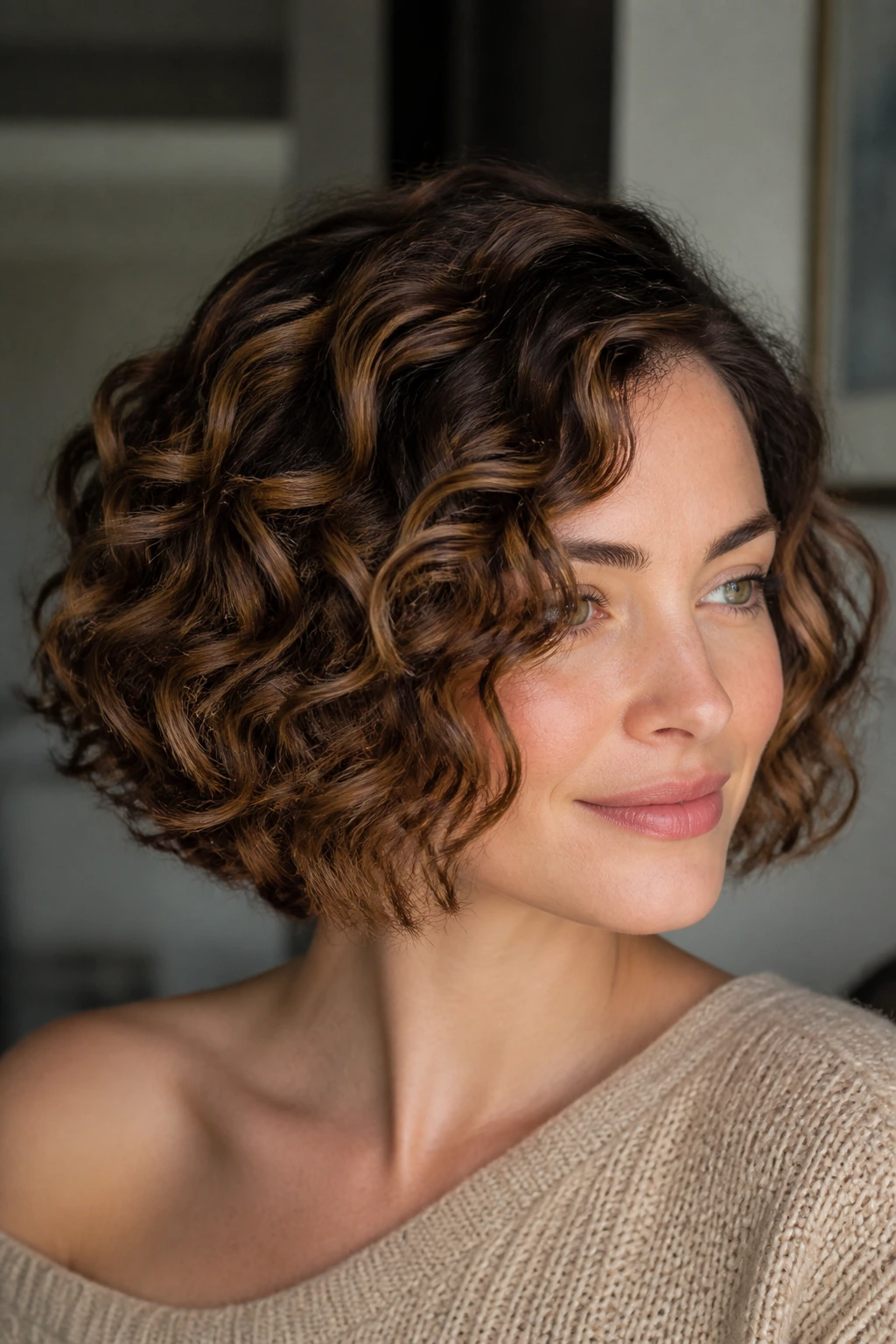 Real woman with jaw-length curly bob featuring walnut ribbons in soft light