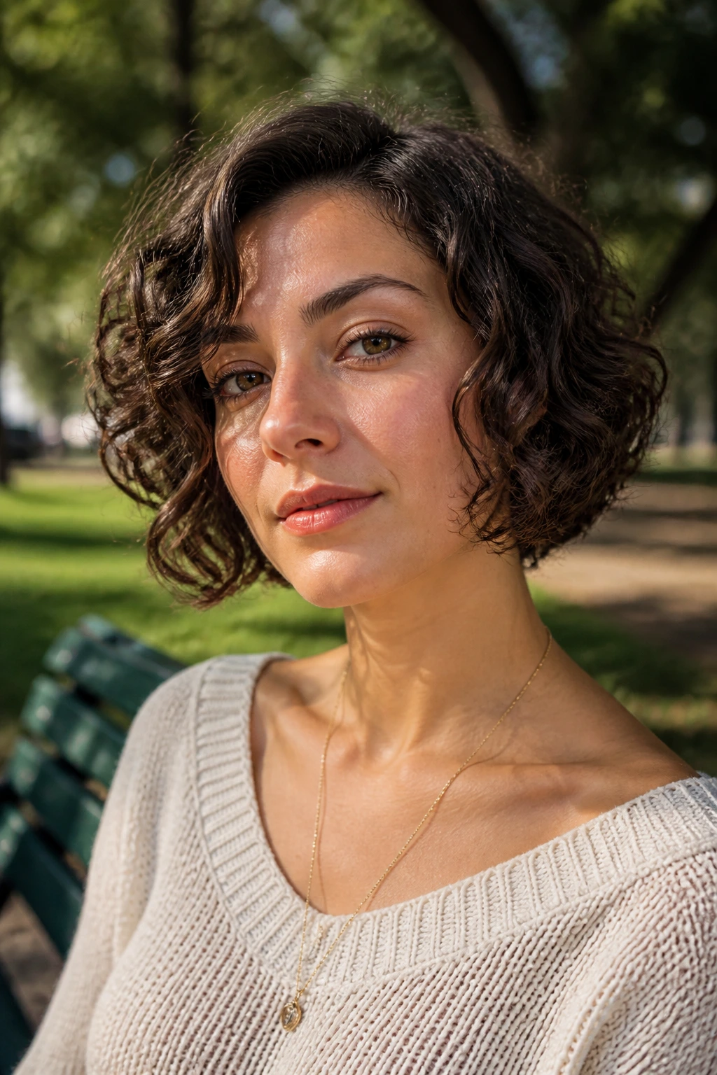 Woman with jaw-length curly crop portrait against a park backdrop.