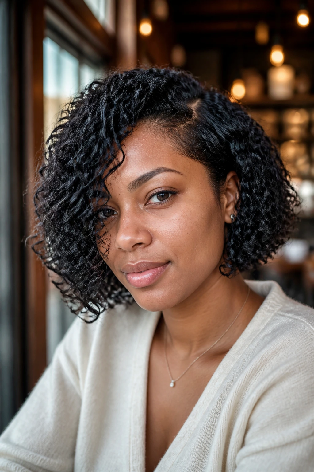 Close-up of jaw-length curly lob with a slanted front