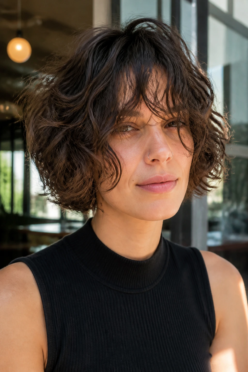 Portrait of a person with jaw-length curly shag bob and curtain bangs