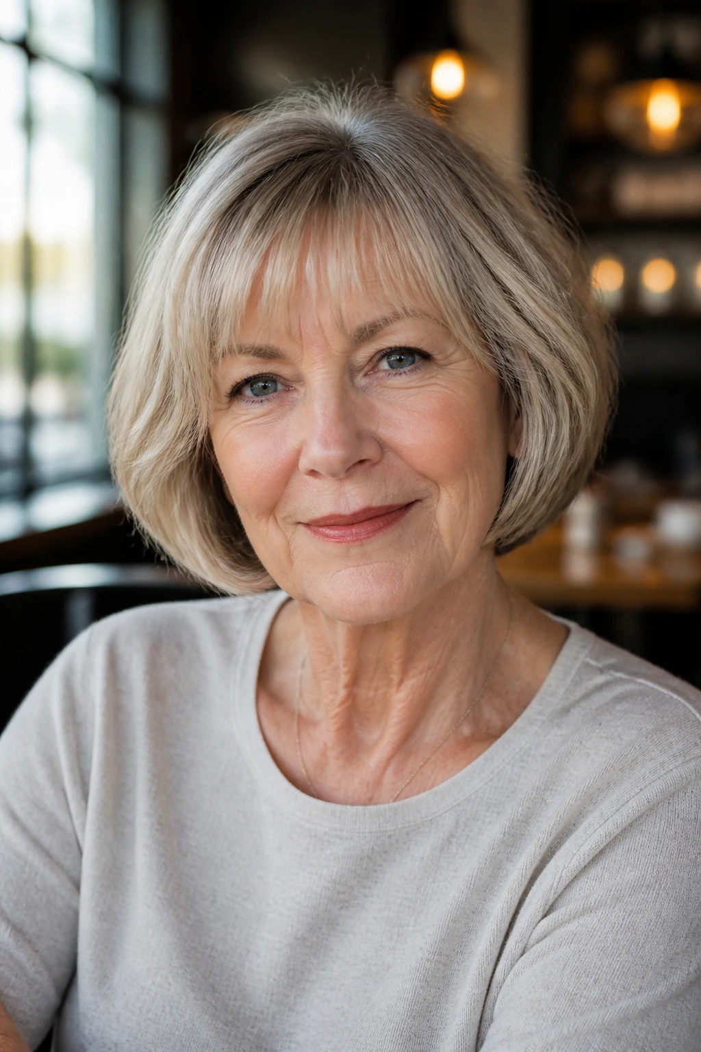 Real woman with jaw-length curved bob and wispy bangs in soft cafe light.