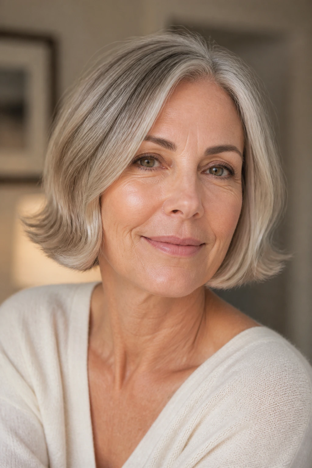 Close-up of a real woman with jaw-length flip bob hairstyle in soft light