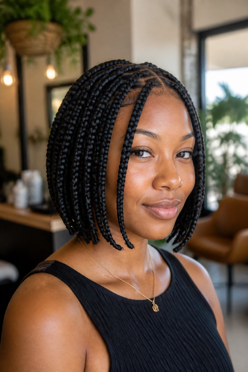Portrait of woman with face-framing jumbo box braids and jaw-length frame