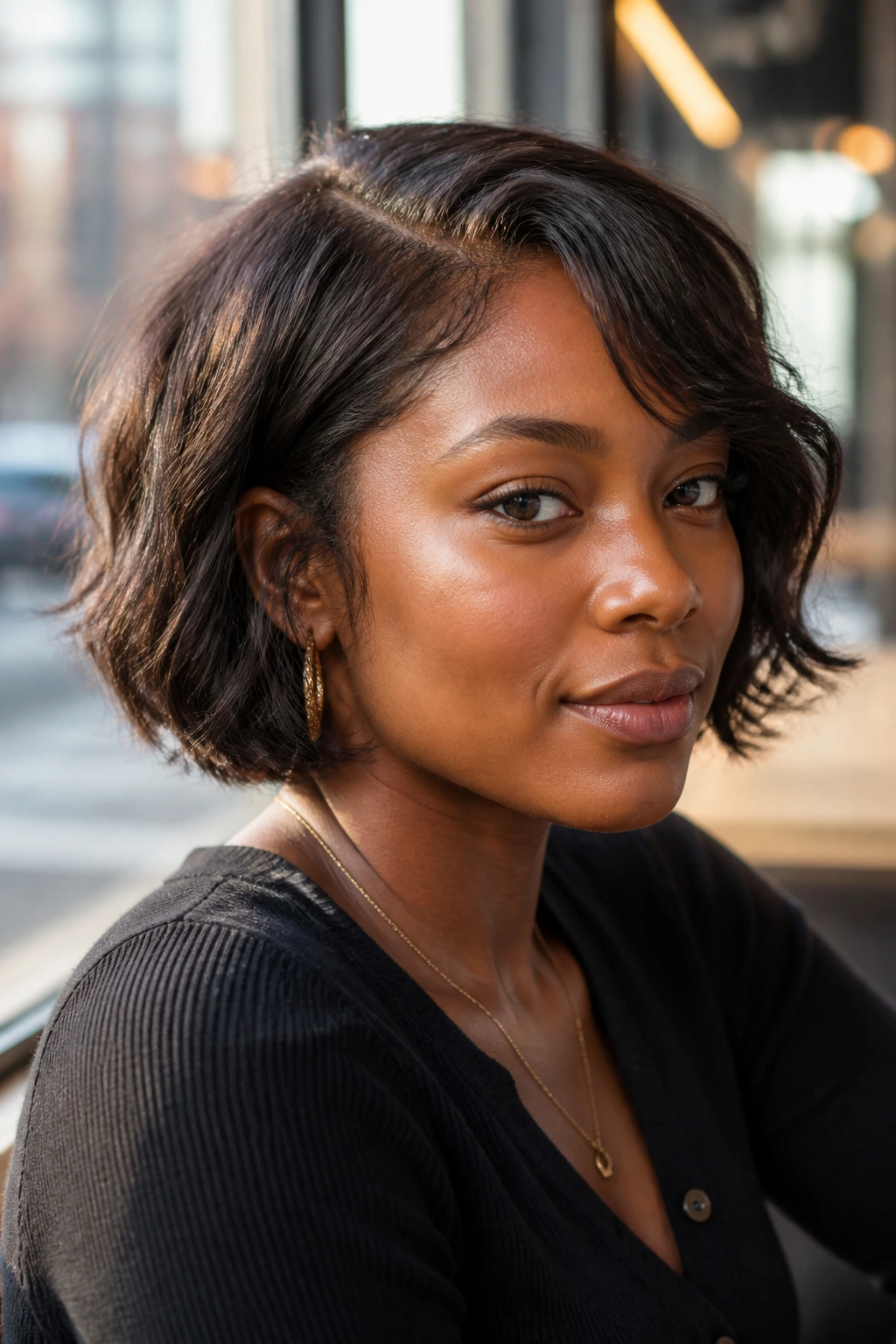 Portrait of a real Black woman with a jaw-length French Bob and soft fringe