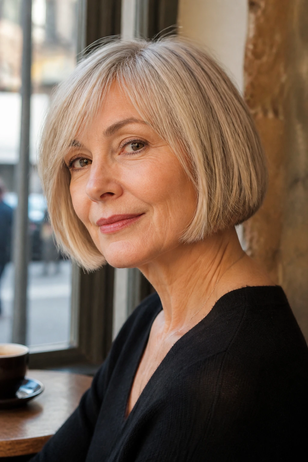 Close-up portrait of a real woman with jaw-length French bob