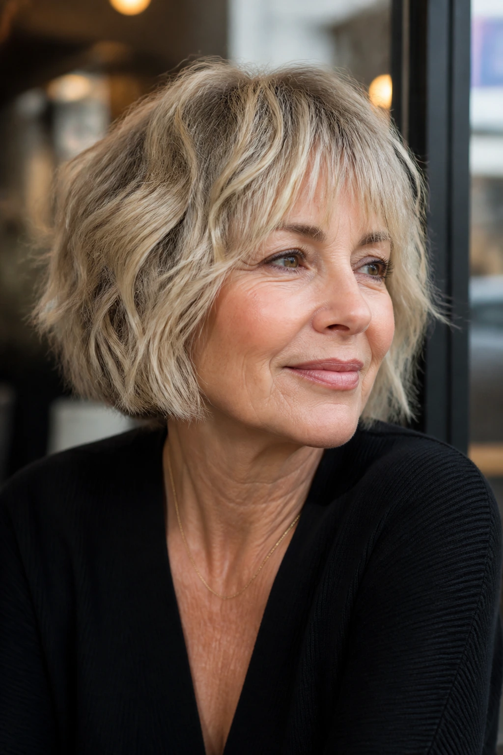 Woman in her 50s with jaw-length French shag bob in outdoor cafe light