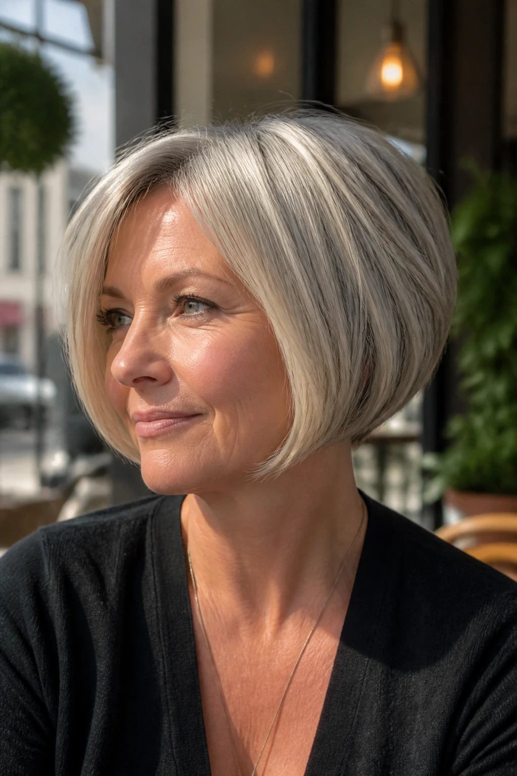 Woman with jaw-length inverted bob in daylight