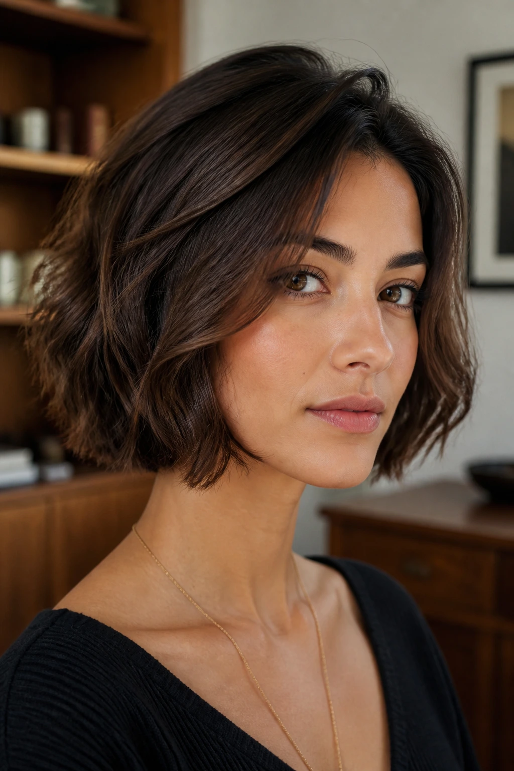 Close-up of a real woman with a jaw-length layered bob in a soft-lit interior