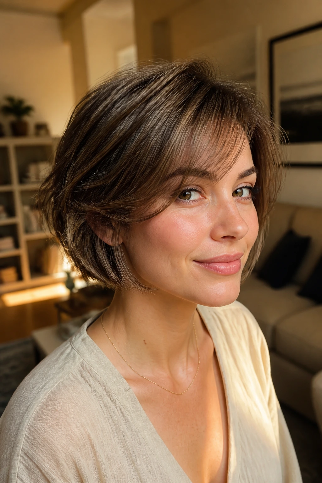 Close-up of a real person with a jaw-length layered cut and bendy fringe.