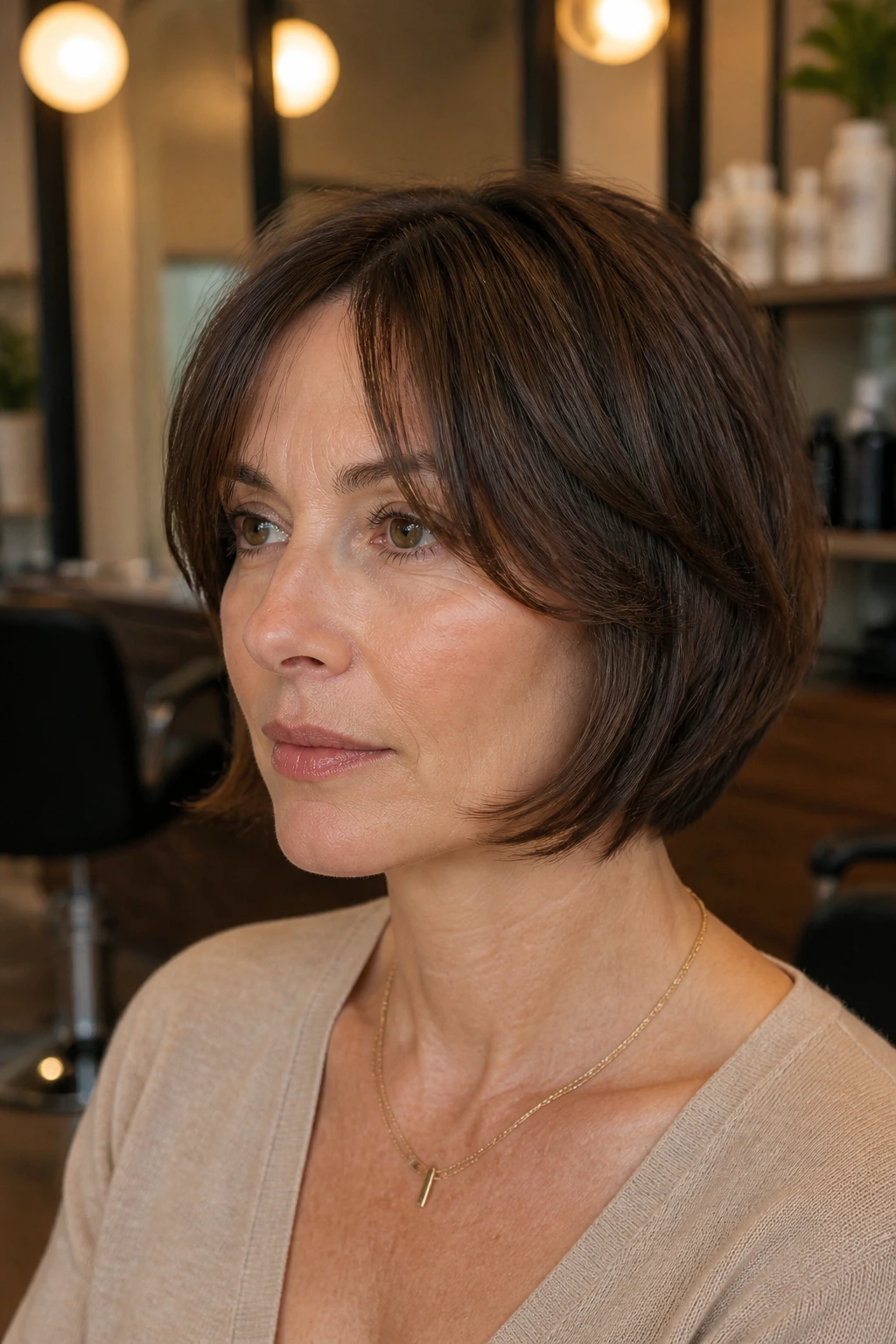 Real woman with jaw-length face layers shaping the jawline in a salon setting.
