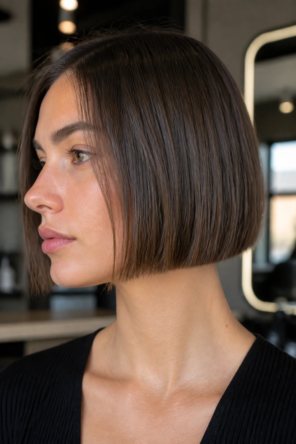 Portrait of a person with a jaw-length micro bob hairstyle