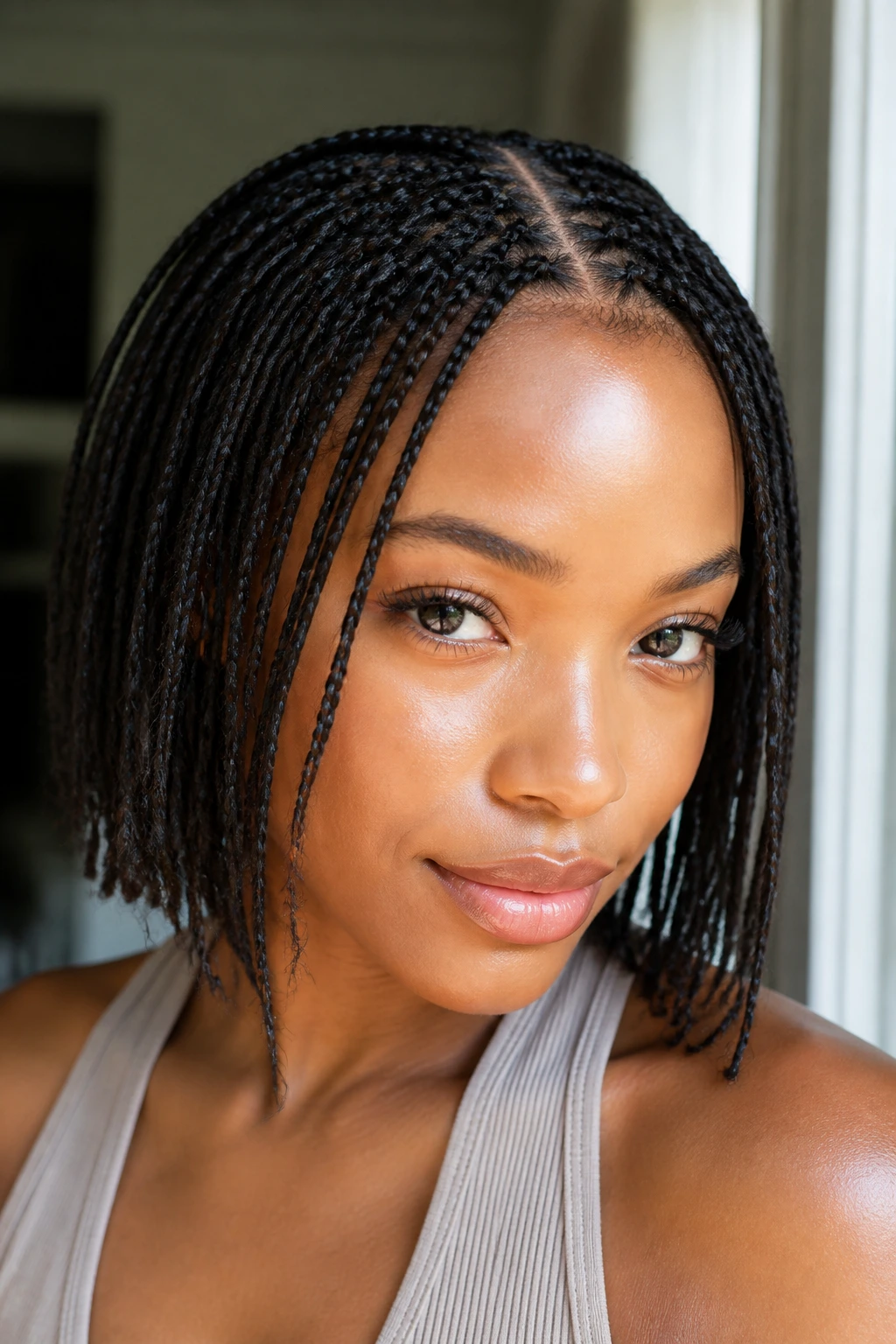 Jaw-length micro braids creating density on a real person