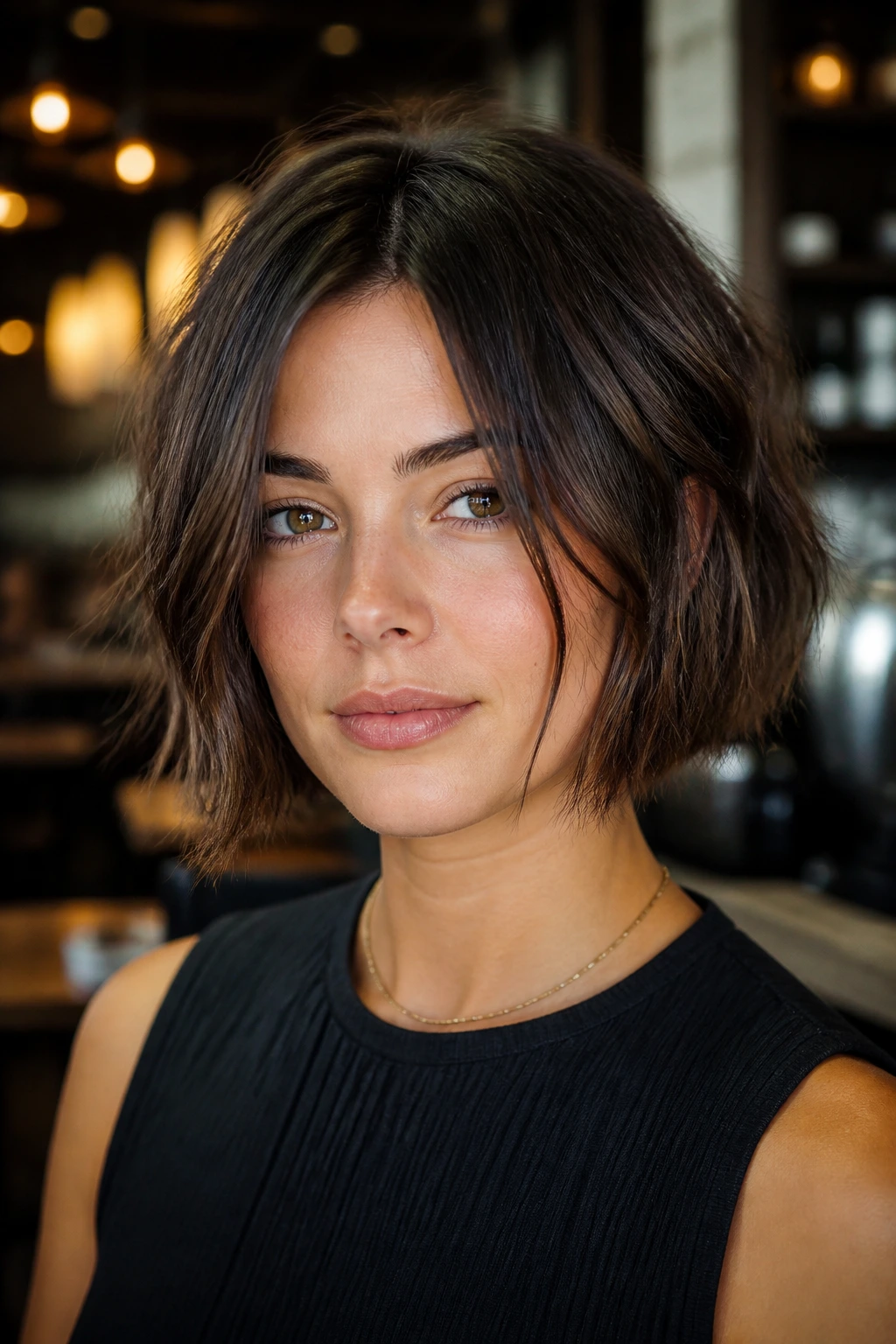 Close-up portrait of a real woman with a jaw-length piecey bob in a cafe setting.