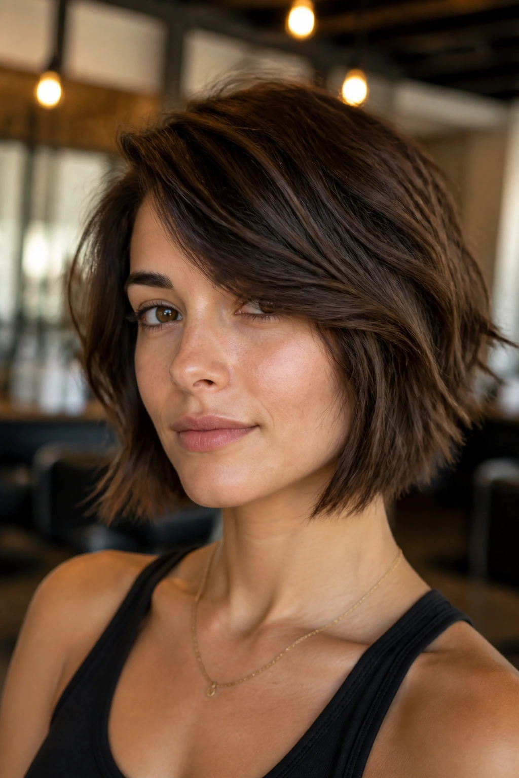 Portrait of a real person with jaw-length razor shag and side sweep