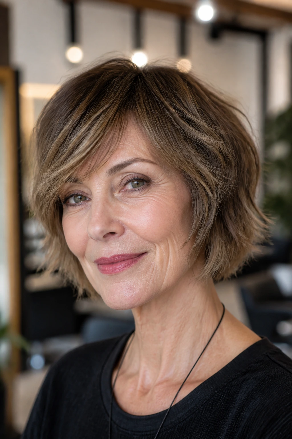 Real woman with jaw-length French shag showing choppy ends and soft fringe