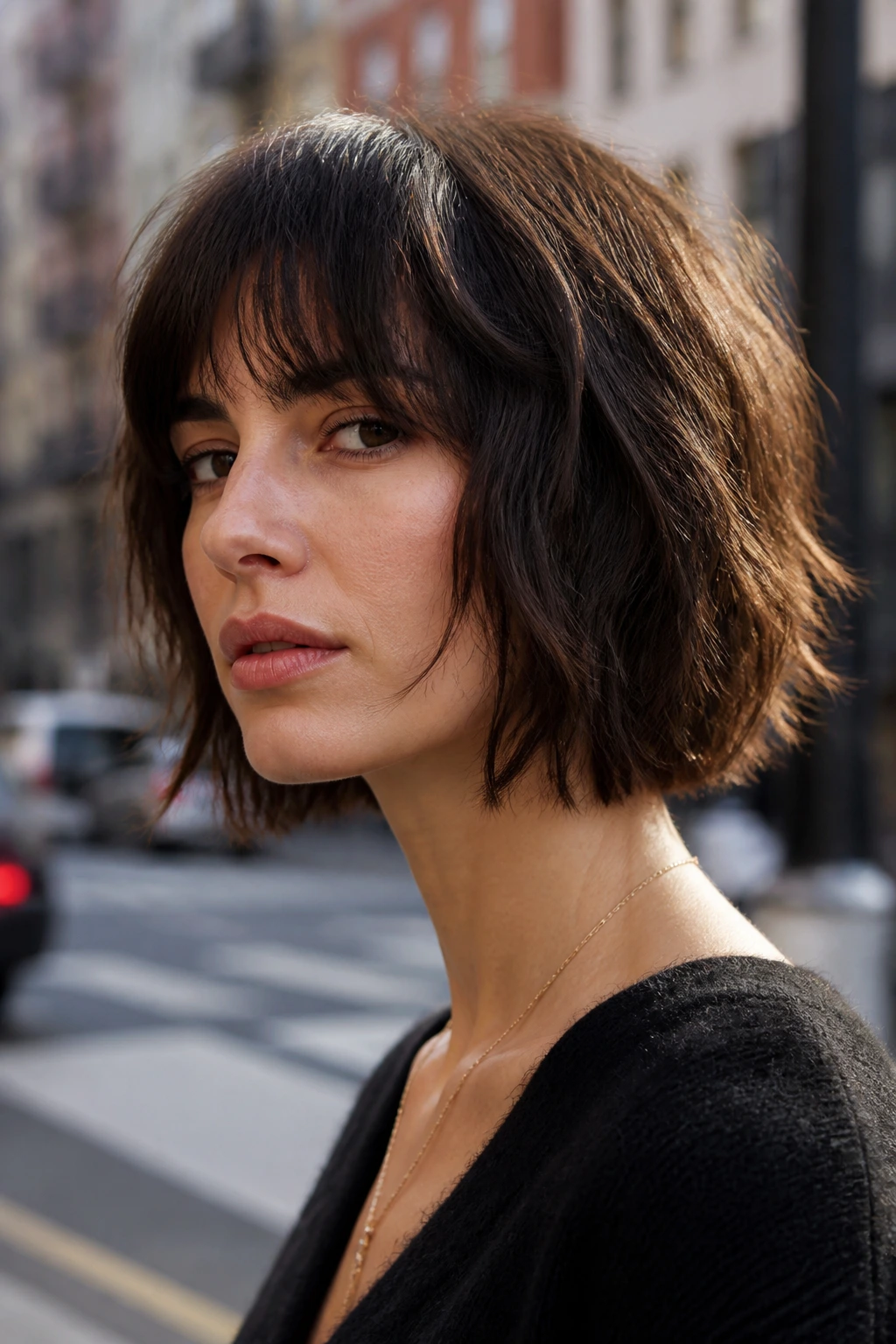 Portrait of real woman with jaw-length shag bob under soft street light