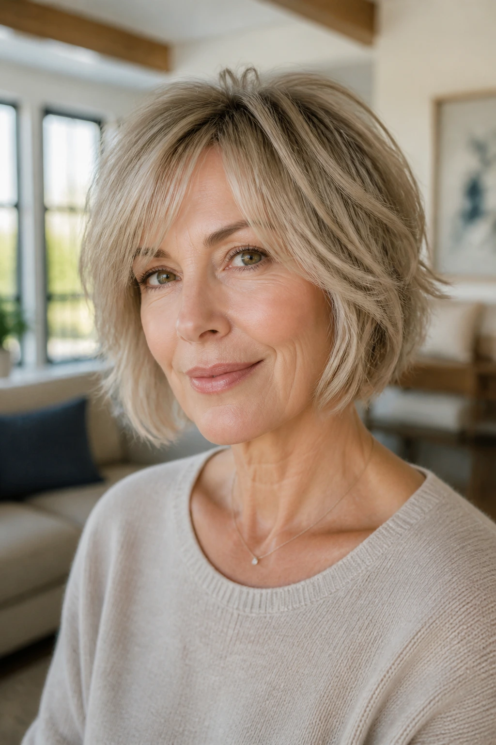 Real woman with jaw-length shag bob showing lift and face-framing layers