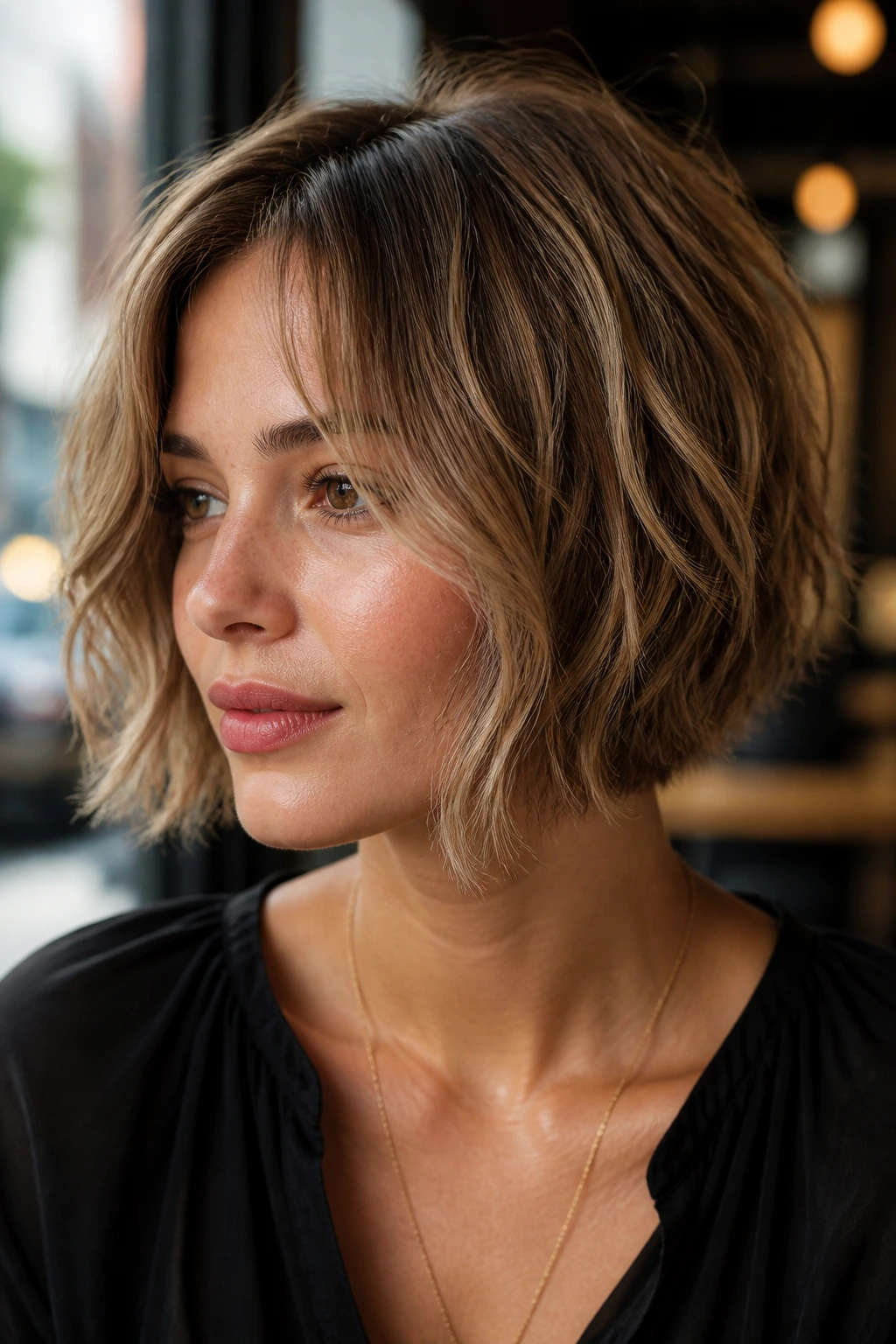Close-up portrait of a real woman with a jaw-length shag bob and soft broken waves.