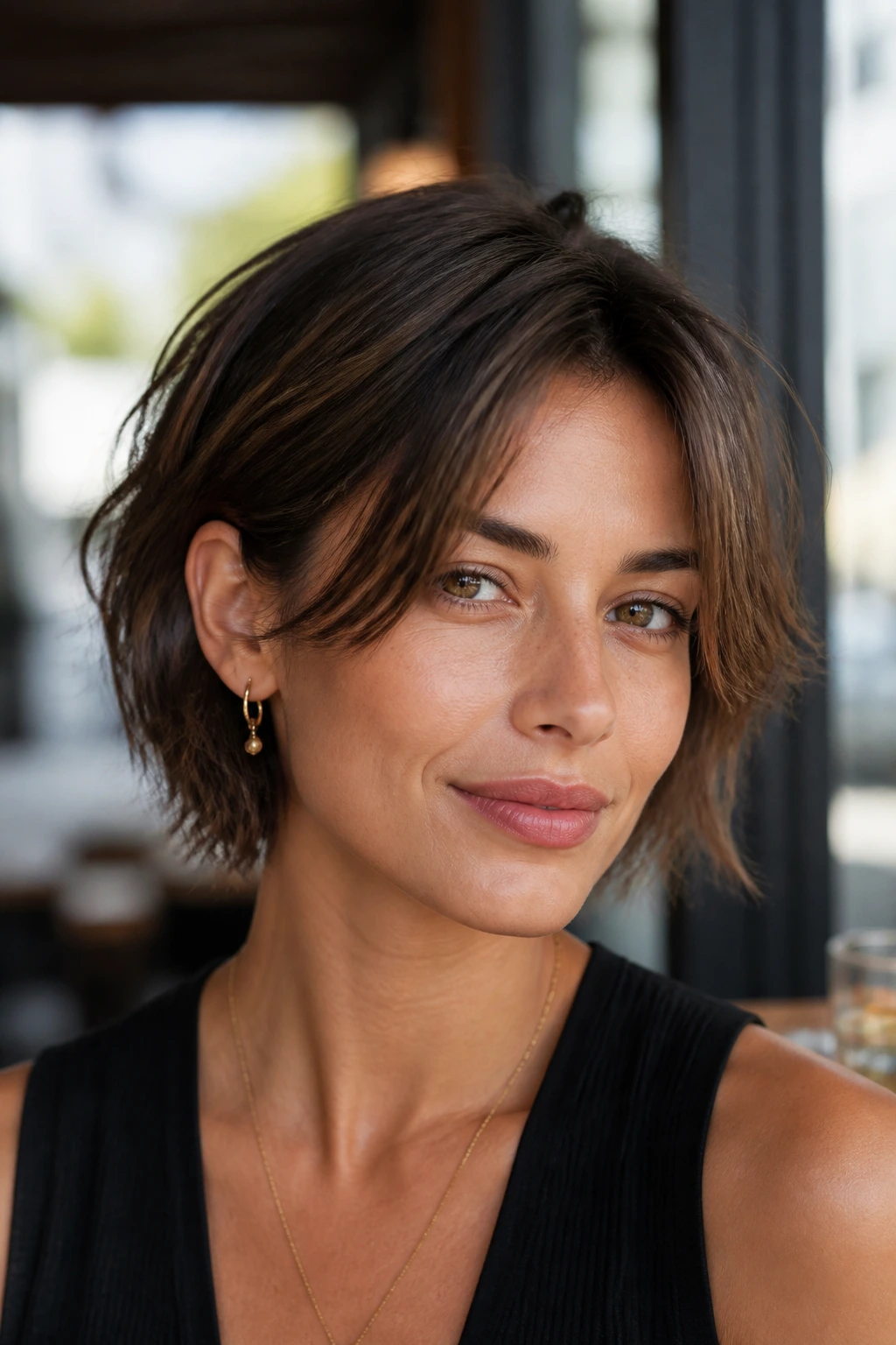 Portrait of a real woman with jaw-length shag bob