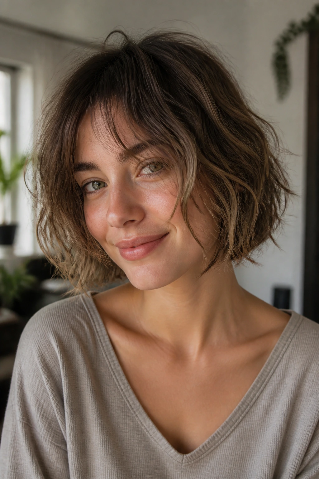 Real person with jaw-length shag bob and broken ends