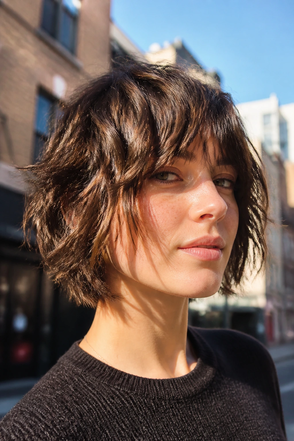 Portrait of real person with jaw-length piecey shag and waves