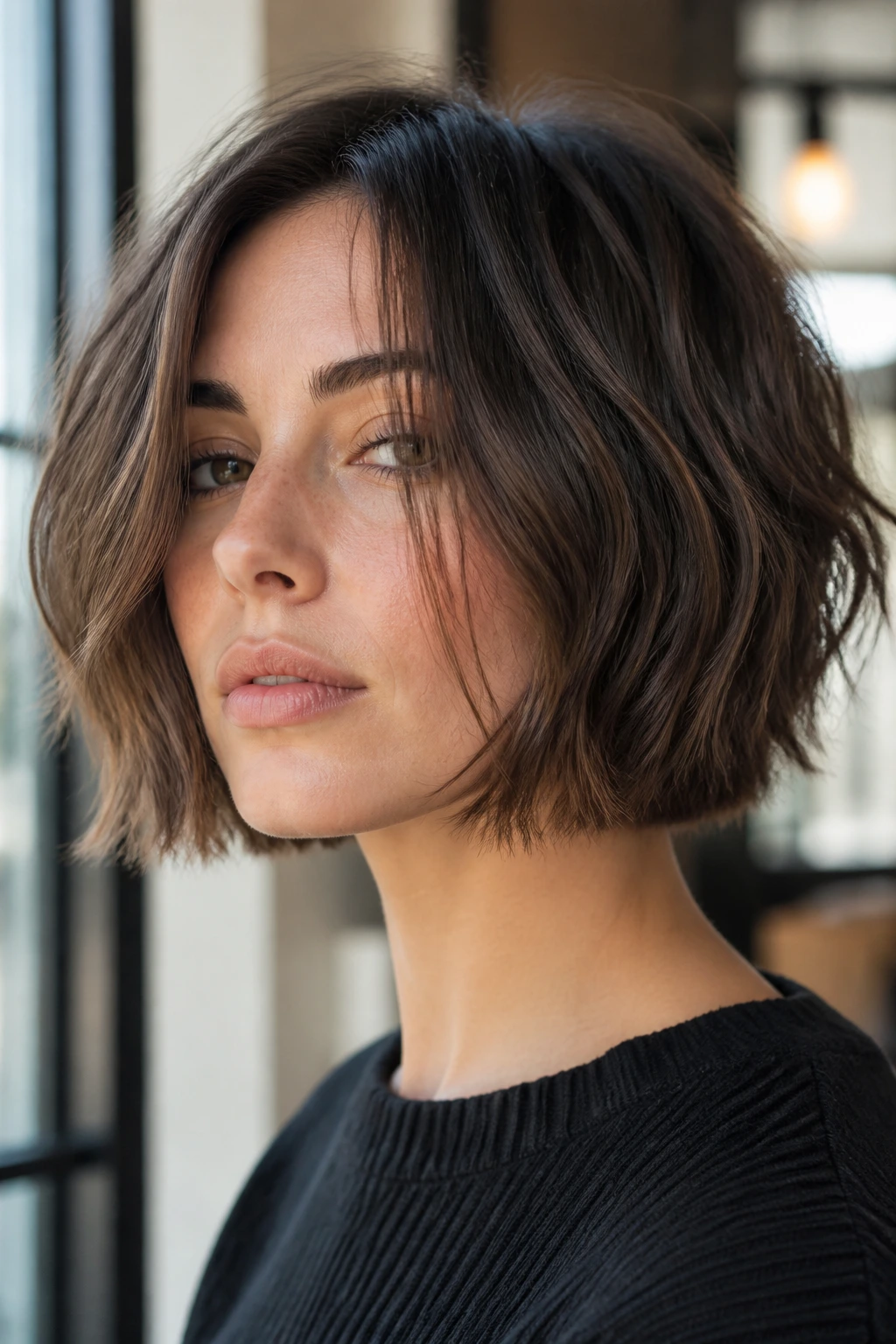 Real woman with jaw-length shattered bob showing textured ends