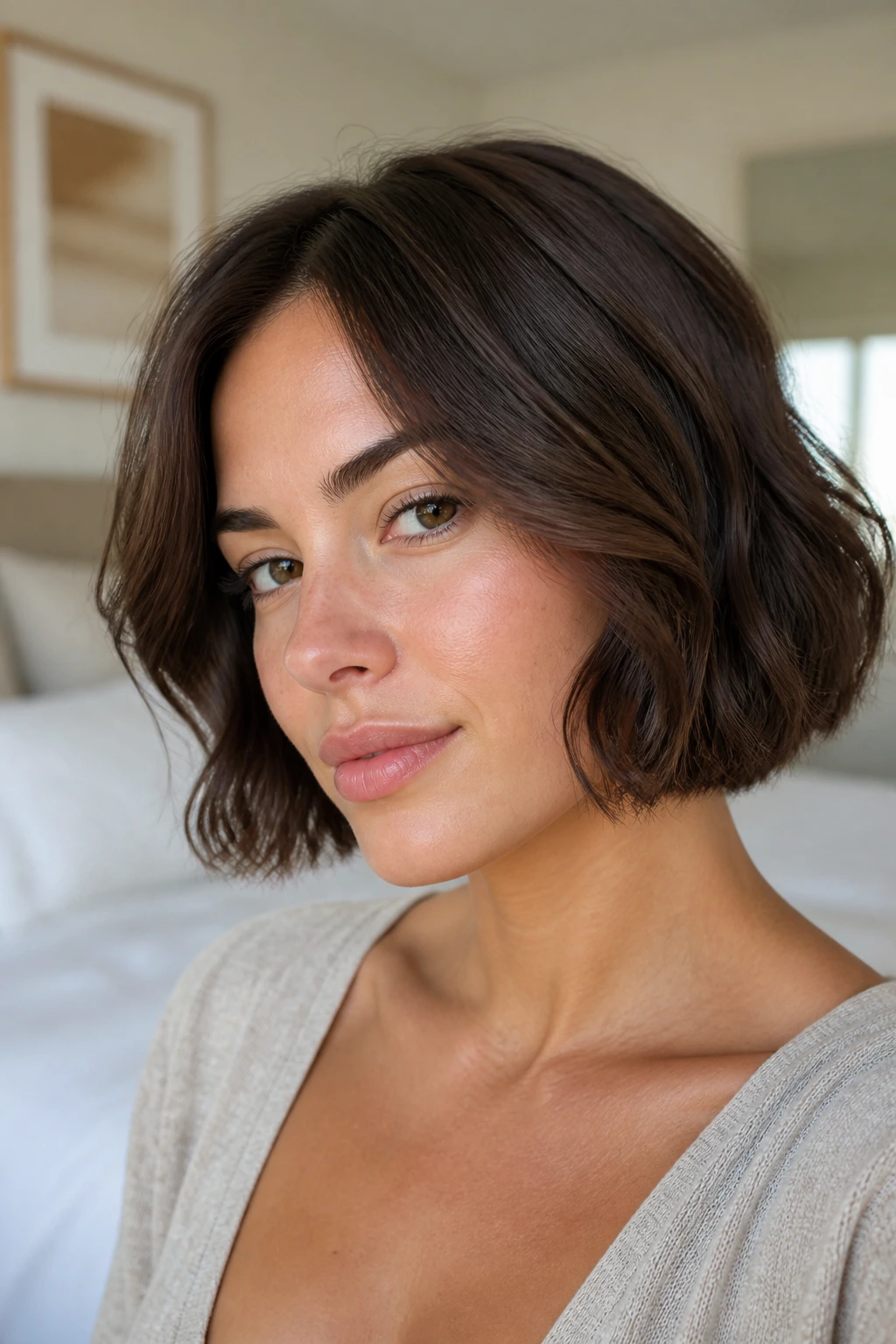 Close-up portrait of a real woman with a jaw-length textured bob in natural window light.