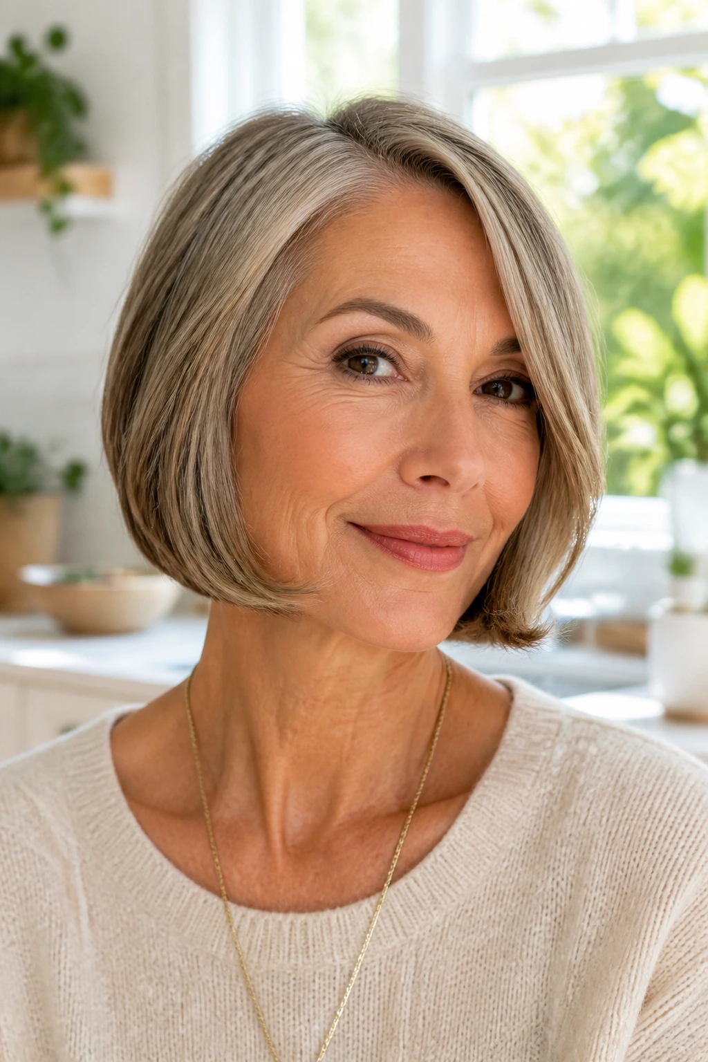 Close-up of a real woman with a jaw-length bob and undercurve