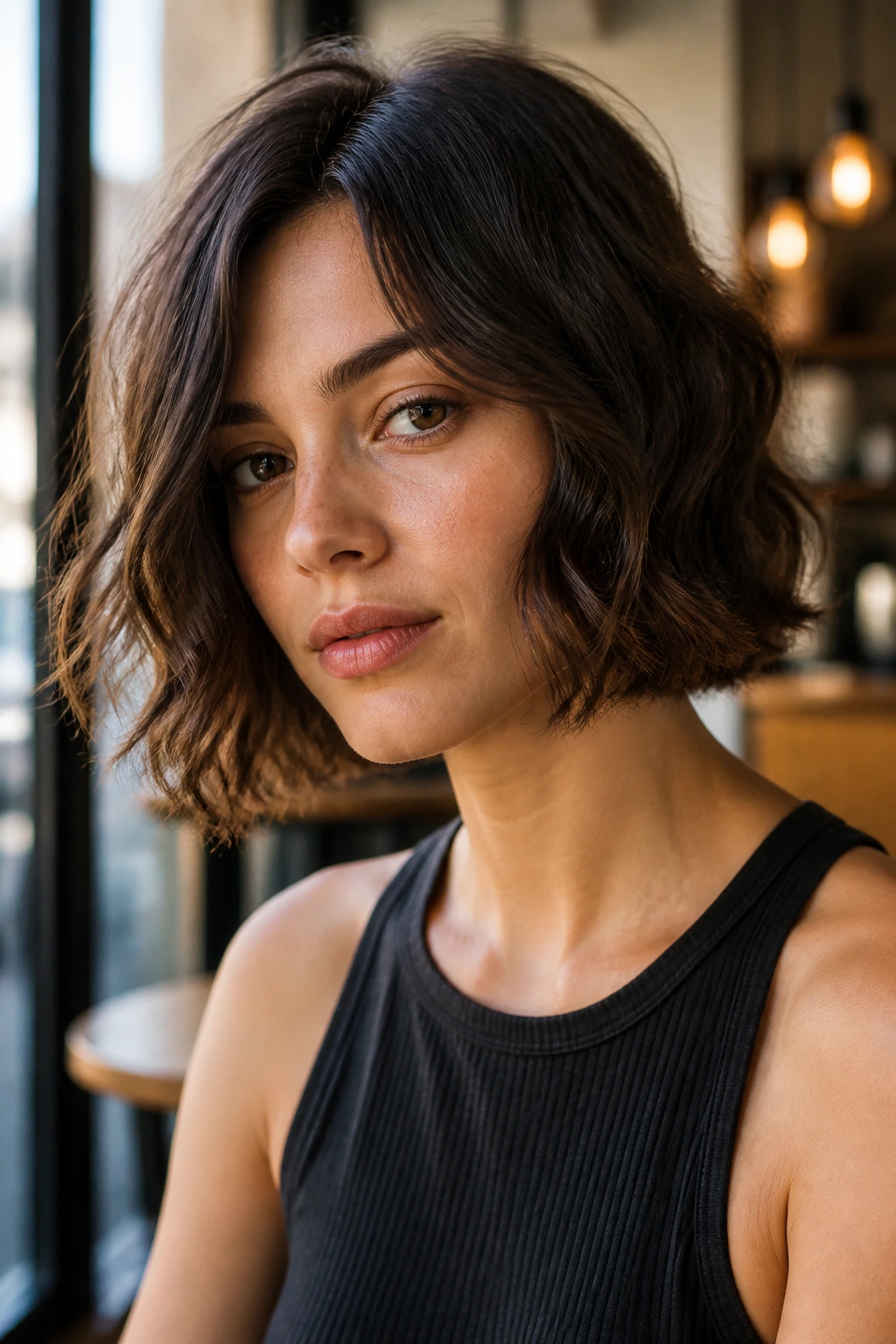 Brunette with jaw-length wavy bob in cafe window light