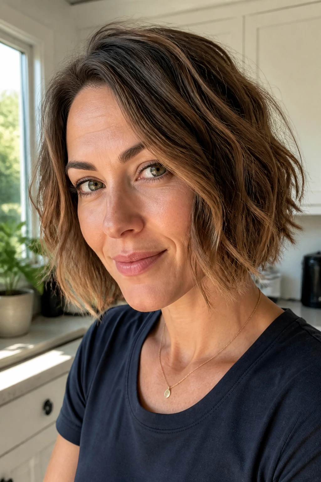 Close-up of a real woman with a jaw-length wavy bob hairstyle