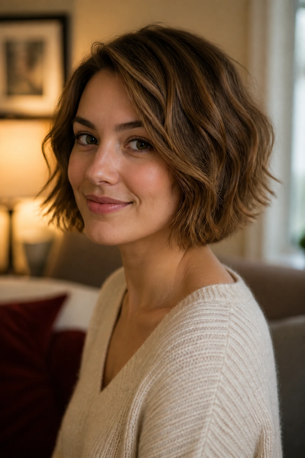Real woman with jaw-length wavy bob and soft layers in a cozy living room