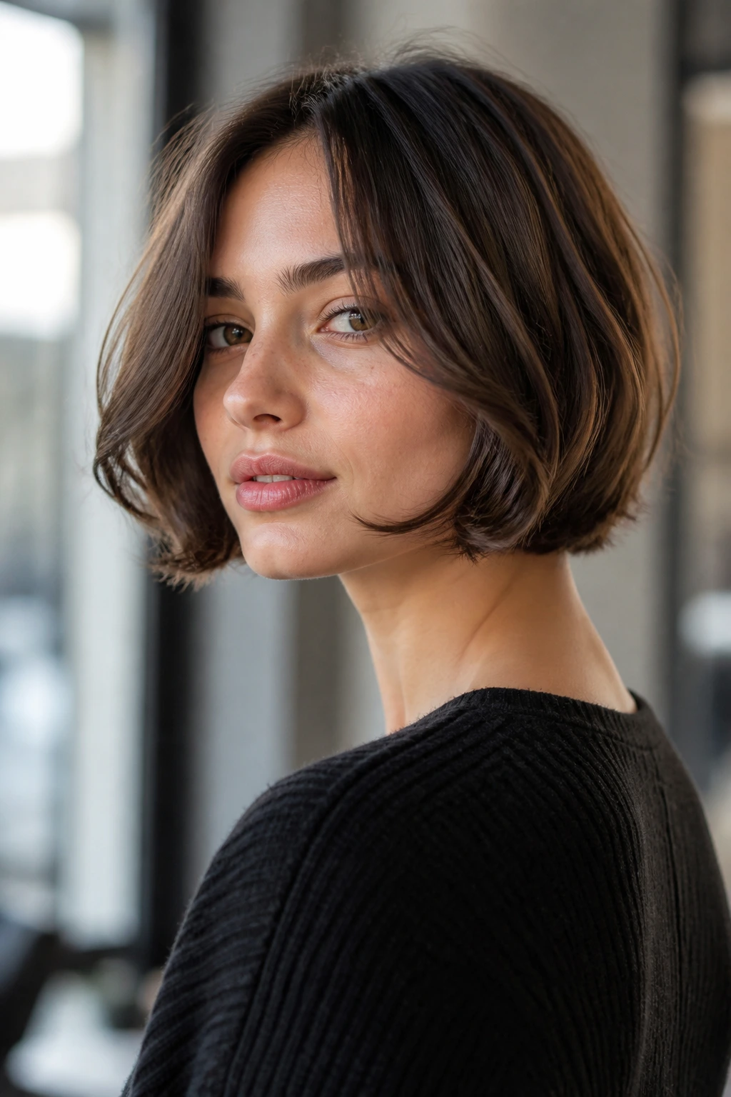 Real woman wearing Jaw-Long Bob With Underturned Ends