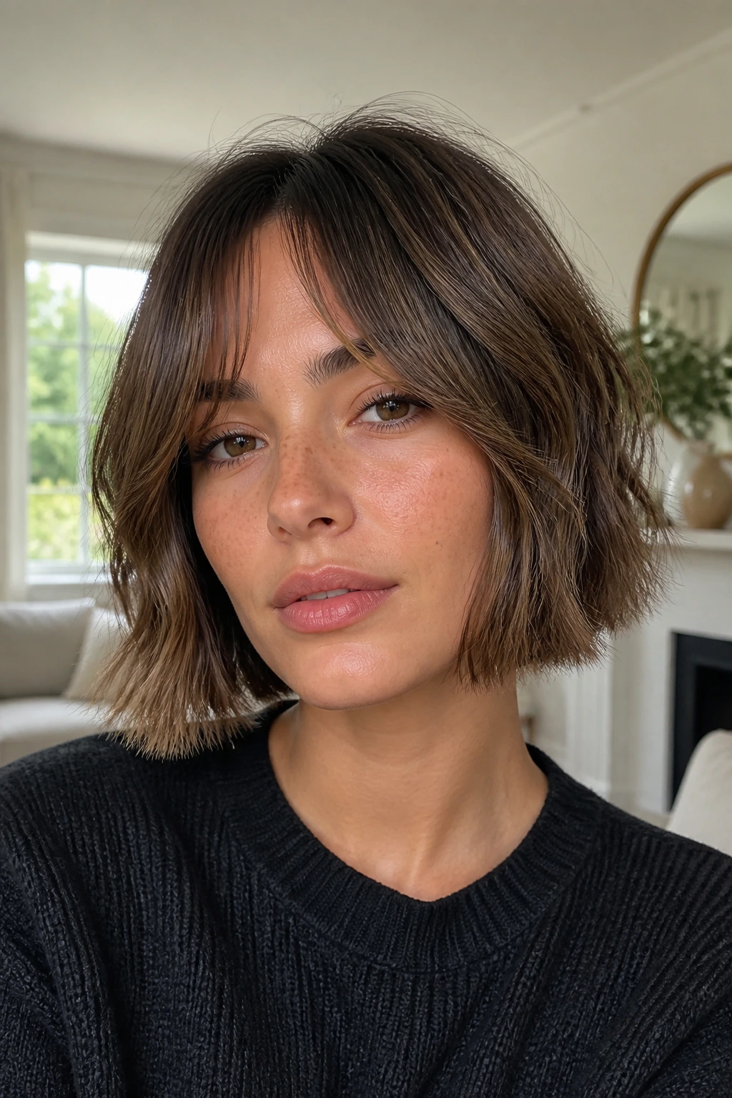 Real woman with soft jaw-miss bob and curtain fringe in natural light