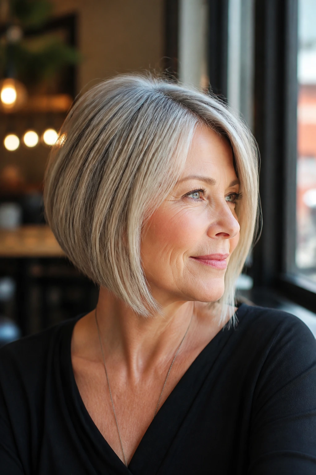 Real woman with jaw-skimming angled bob in natural daylight