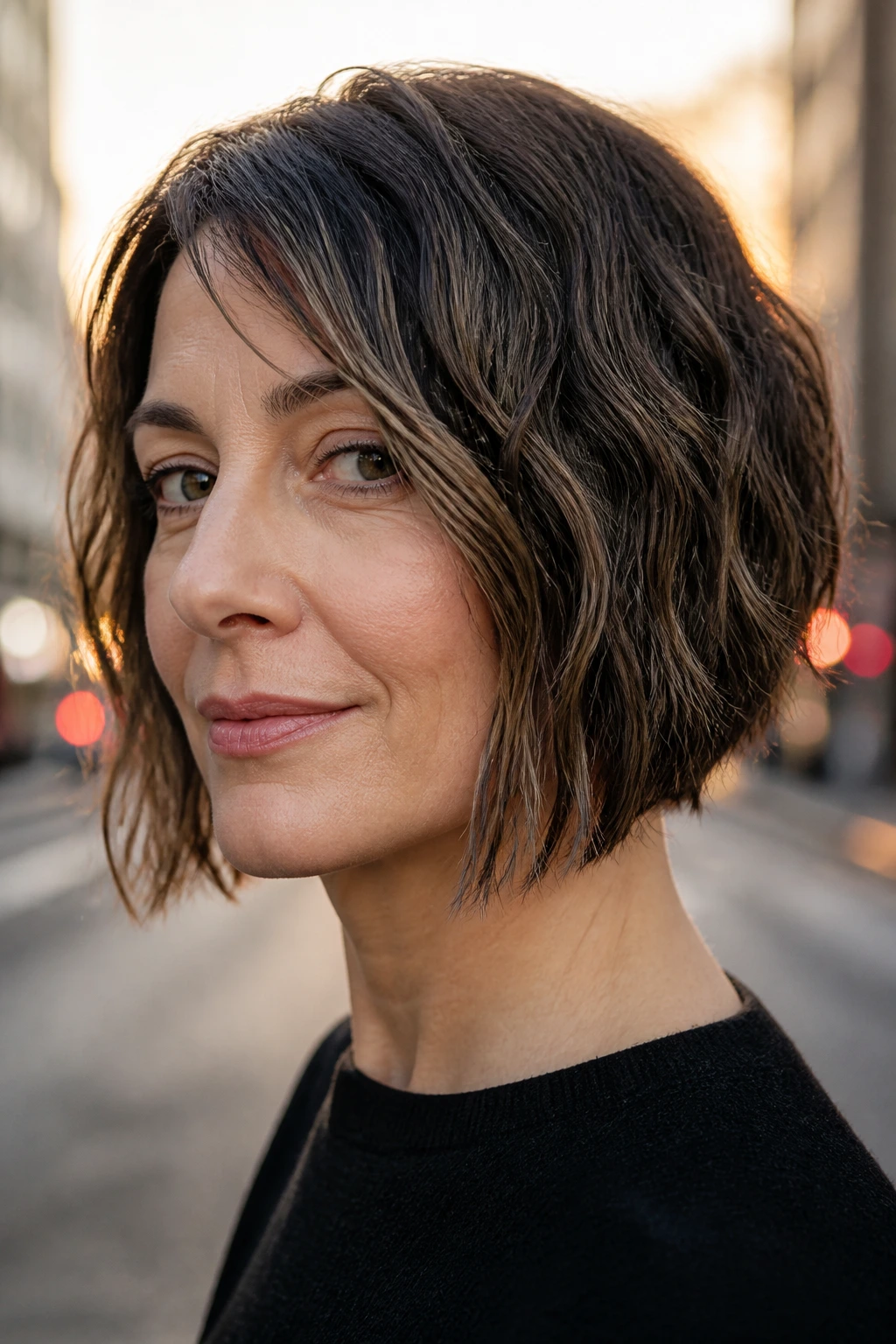 Close-up of a woman with jaw-skimming blunt angled bob in natural outdoor lighting