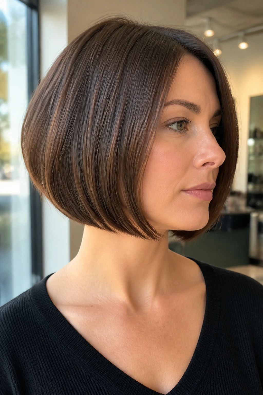 Close-up portrait of a real woman with a jaw-skimming A-line bob in a sunlit salon