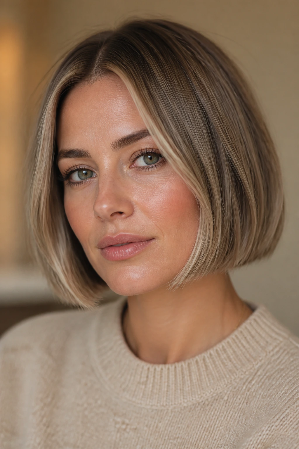 Portrait of a woman with jaw-skimming bob and beige lowlights